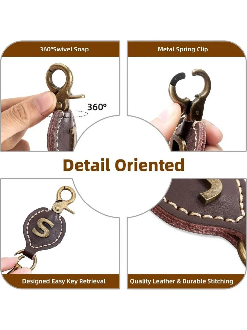 Personalized Brown Leather Initial Keychain with Easy Clasp - Perfect Gift for